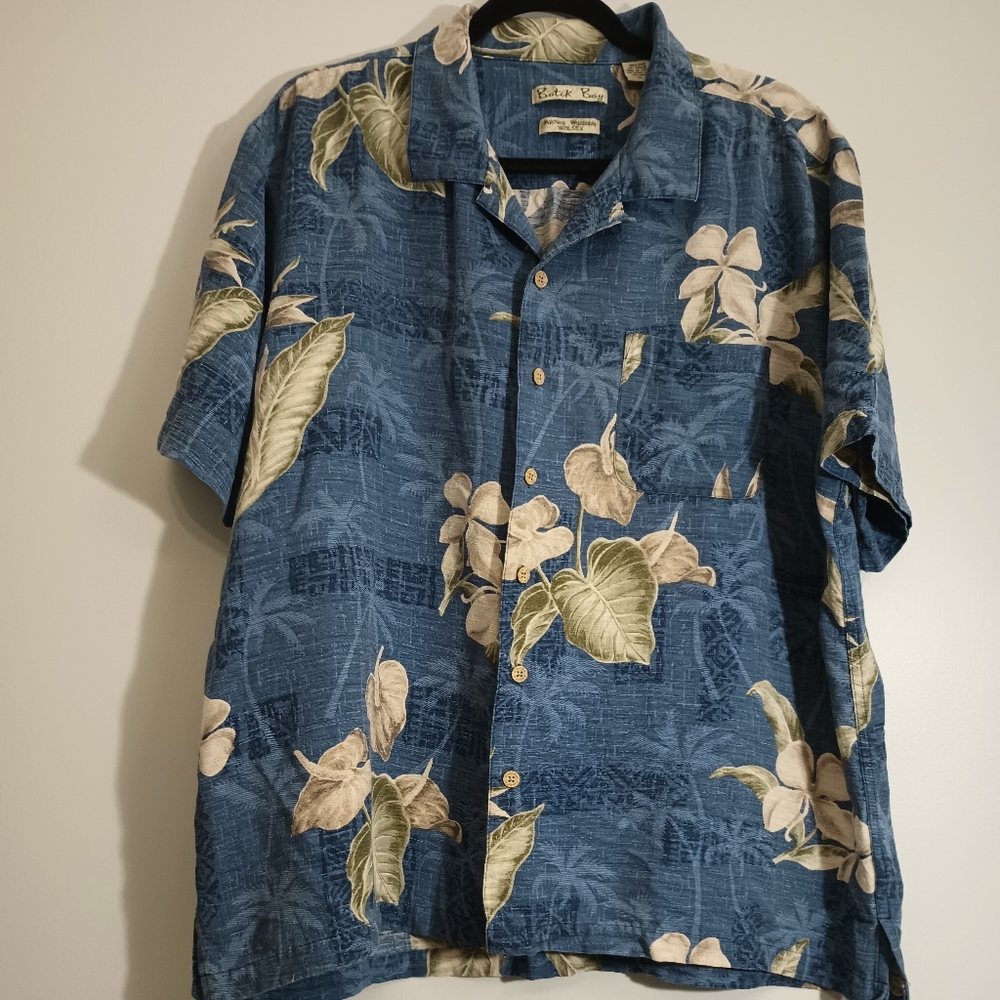 Men's Batik Bay Hawaiian Blue Floral 100% Silk‎ Button Down Shirt XL